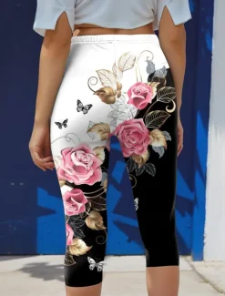 Best Women's Leggings Capri Pants High Elasticity Fashion Streetwear Full Length High Waist Floral Printing Thermal Warm Breathable Soft Outdoor Daily Fall Winter Regular Fit Women Leggings|Spring Pants