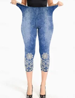 Online Women's Leggings Capri Pants High Elasticity Vacation Vintage Fashion Calf-Length Mid Waist Floral Graphic Printing Breathable Soft Stretchy Vacation Casual Daily Robin's Egg Blue Summer Spring Women Leggings