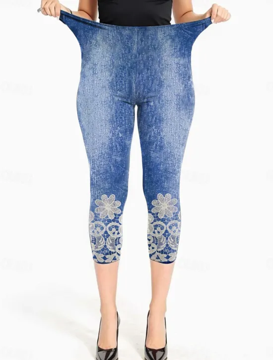 Online Women's Leggings Capri Pants High Elasticity Vacation Vintage Fashion Calf-Length Mid Waist Floral Graphic Printing Breathable Soft Stretchy Vacation Casual Daily Robin's Egg Blue Summer Spring Women Leggings