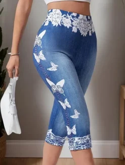Discount Women's Leggings Capri Pants High Elasticity Vacation Vintage Fashion Calf-Length Mid Waist Floral Graphic Printing Breathable Soft Stretchy Vacation Casual Daily Robin's Egg Blue Summer Spring Women Pants|Leggings