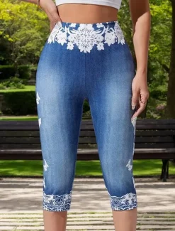Discount Women's Leggings Capri Pants High Elasticity Vacation Vintage Fashion Calf-Length Mid Waist Floral Graphic Printing Breathable Soft Stretchy Vacation Casual Daily Robin's Egg Blue Summer Spring Women Pants|Leggings