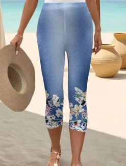 Online Women's Leggings Capri Pants High Elasticity Vacation Vintage Fashion Calf-Length Mid Waist Floral Graphic Printing Breathable Soft Stretchy Vacation Casual Daily Robin's Egg Blue Summer Spring Women Leggings