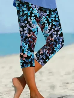 Clearance Women's Leggings Capri Pants High Elasticity Vacation Fashion Hawaiian Ankle-Length Mid Waist Floral Printing Thermal Warm Breathable Soft Vacation Casual Daily Summer Spring Women Leggings