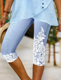 Outlet Women's Leggings Capri Pants High Elasticity Vacation Vintage Fashion Calf-Length Mid Waist Floral Graphic Printing Breathable Soft Vacation Casual Daily Robin's Egg Blue Light Blue Summer Spring Women Leggings