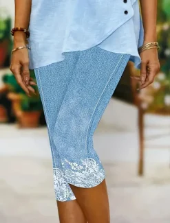 Outlet Women's Leggings Capri Pants High Elasticity Vacation Fashion Hawaiian Calf-Length Mid Waist Floral Graphic Printing Breathable Soft Vacation Casual Daily Light Blue Summer Spring Regular Fit Women Leggings