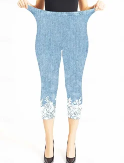 Outlet Women's Leggings Capri Pants High Elasticity Vacation Fashion Hawaiian Calf-Length Mid Waist Floral Graphic Printing Breathable Soft Vacation Casual Daily Light Blue Summer Spring Regular Fit Women Leggings