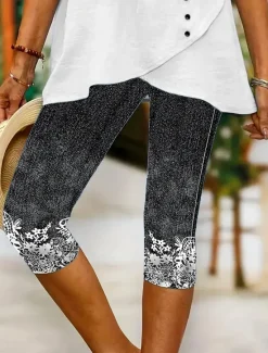Outlet Women's Leggings Capri Pants High Elasticity Vacation Fashion Hawaiian Calf-Length Mid Waist Floral Graphic Printing Breathable Soft Vacation Casual Daily Light Blue Summer Spring Regular Fit Women Leggings