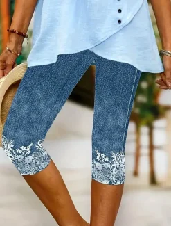 Outlet Women's Leggings Capri Pants High Elasticity Vacation Fashion Hawaiian Calf-Length Mid Waist Floral Graphic Printing Breathable Soft Vacation Casual Daily Light Blue Summer Spring Regular Fit Women Leggings