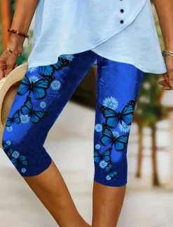 Clearance Women's Leggings Capri Pants High Elasticity Vacation Vintage Fashion Calf-Length Mid Waist Floral Graphic Butterfly Printing Breathable Soft Stretchy Vacation Casual Daily Summer Spring Women Leggings