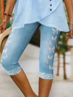 Discount Women's Leggings Capri Pants 3D Print High Elasticity Vacation Vintage Fashion Calf-Length High Waist Butterfly Abstract Printing Breathable Soft Stretchy Formal Outdoor Vacation Robin's Egg Blue Women Leggings