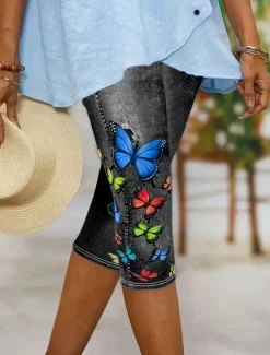 Online Women's Leggings Capri Pants High Elasticity Vacation Vintage Fashion Calf-Length High Waist Graphic Butterfly Printing Thermal Warm Breathable Soft Stretchy Formal Outdoor Vacation Women Leggings