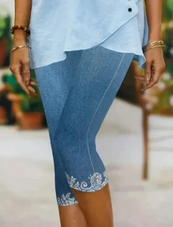 New Women's Leggings Capri Pants 3D Print Vacation Vintage Fashion Calf-Length High Waist Floral Graphic Printing Stretchy Vacation Street Causal Robin's Egg Blue Black White Blue Summer Spring Slim Fit Women Leggings