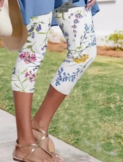 Online Women's Leggings Capri Pants High Elasticity Vacation Vintage Fashion Calf-Length High Waist Floral Graphic Printing Breathable Soft Stretchy Formal Vacation Office Robin's Egg Blue White Women Leggings
