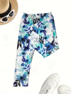 Online Women's Leggings Capri Pants High Elasticity Vacation Vintage Fashion Calf-Length High Waist Floral Graphic Printing Breathable Soft Stretchy Formal Vacation Office Robin's Egg Blue White Women Leggings