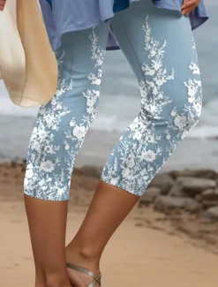 Best Women's Leggings Capri Pants 3D Print High Elasticity Vacation Vintage Fashion Calf-Length High Waist Floral Graphic Printing Breathable Soft Stretchy Formal Vacation Office Robin's Egg Blue Women Leggings