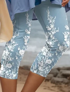 Best Women's Leggings Capri Pants 3D Print High Elasticity Vacation Vintage Fashion Calf-Length High Waist Floral Graphic Printing Breathable Soft Stretchy Formal Vacation Office Robin's Egg Blue Women Leggings
