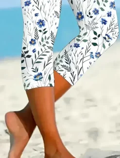 New Women's Leggings Capri Pants High Elasticity Fashion Streetwear Calf-Length High Waist Floral Graphic Printing Breathable Soft Outdoor Daily Robin's Egg Blue Summer Spring Regular Fit Women Leggings