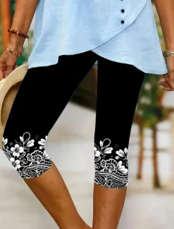 Sale Women's Leggings Capri Pants High Elasticity Elegant Vacation Vintage Calf-Length Mid Waist Floral Graphic Printing Breathable Soft Stretchy Vacation Casual Daily Summer Spring Regular Fit Women Leggings