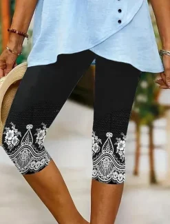 Discount Women's Leggings Capri Pants High Elasticity Vacation Fashion Hawaiian Calf-Length Mid Waist Floral Graphic Printing Breathable Soft Vacation Casual Daily Lake blue Black Blue Light Blue Women Leggings