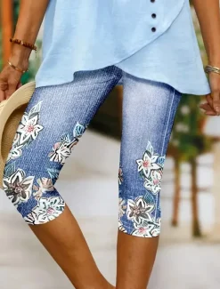 Discount Women's Leggings Capri Pants High Elasticity Vacation Fashion Hawaiian Calf-Length Mid Waist Floral Graphic Printing Breathable Soft Vacation Casual Daily Lake blue Black Blue Light Blue Women Leggings