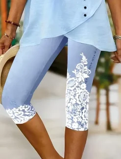 Discount Women's Leggings Capri Pants High Elasticity Vacation Fashion Hawaiian Calf-Length Mid Waist Floral Graphic Printing Breathable Soft Vacation Casual Daily Lake blue Black Blue Light Blue Women Leggings