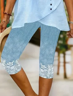 Discount Women's Leggings Capri Pants High Elasticity Vacation Fashion Hawaiian Calf-Length Mid Waist Floral Graphic Printing Breathable Soft Vacation Casual Daily Lake blue Black Blue Light Blue Women Leggings