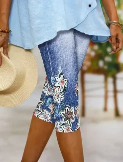 Discount Women's Leggings Capri Pants High Elasticity Vacation Fashion Hawaiian Calf-Length Mid Waist Floral Graphic Printing Breathable Soft Vacation Casual Daily Lake blue Black Blue Light Blue Women Leggings