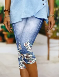 Discount Women's Leggings Capri Pants High Elasticity Vacation Fashion Hawaiian Calf-Length Mid Waist Floral Graphic Printing Breathable Soft Vacation Casual Daily Lake blue Black Blue Light Blue Women Leggings