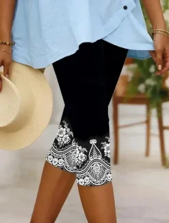 Discount Women's Leggings Capri Pants High Elasticity Vacation Fashion Hawaiian Calf-Length Mid Waist Floral Graphic Printing Breathable Soft Vacation Casual Daily Lake blue Black Blue Light Blue Women Leggings