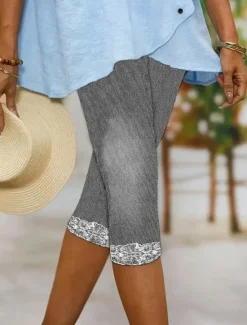Discount Women's Leggings Capri Pants High Elasticity Vacation Vintage Fashion Calf-Length Mid Waist Floral Graphic Abstract Printing Breathable Soft Stretchy Vacation Casual Daily Robin's Egg Blue Grey Women Leggings