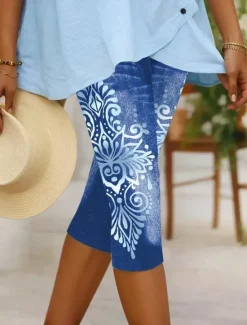 Discount Women's Leggings Capri Pants High Elasticity Vacation Vintage Fashion Calf-Length Mid Waist Floral Graphic Abstract Printing Breathable Soft Stretchy Vacation Casual Daily Robin's Egg Blue Grey Women Leggings