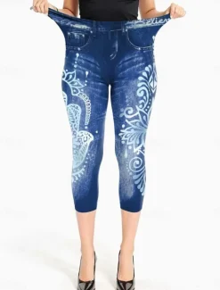 Discount Women's Leggings Capri Pants High Elasticity Vacation Vintage Fashion Calf-Length Mid Waist Floral Graphic Abstract Printing Breathable Soft Stretchy Vacation Casual Daily Robin's Egg Blue Grey Women Leggings