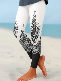 Sale Women's Leggings Elegant Vacation Vintage Ankle-Length High Waist Floral Graphic 3D Print Quick Dry Breathability Soft Stretchy Formal Outdoor Vacation Black White Khaki Fall Regular Fit Women Women's Sweatpants & Joggers
