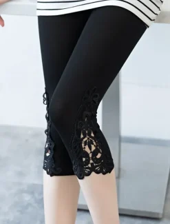 Online Women's Leggings Fashion Casual Daily Capris Solid Colored Lace Tummy Control Butt Lift Comfort Stretchy Casual Daily Black White ash-colored Skinny Women Leggings