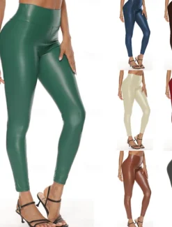 Online Women's Leggings Fashion Streetwear Sexy Ankle-Length High Waist Solid Color High Cut Windproof Soft Comfortable Micro-elastic Outdoor Party Street navy blue light dark green light black matte velvet Women Pants