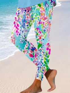 Hot Women's Leggings Fashion Streetwear Ankle-Length High Waist Graphic Leaf Printing Thermal Warm Soft Breathable Micro-elastic Vacation Beach Weekend Robin's Egg Blue Spring Regular Fit Women Leggings