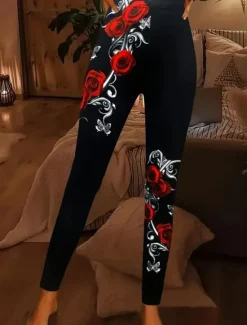 Online Women's Leggings Fashion Streetwear Ankle-Length High Waist Rose Printing Thermal Warm Soft Breathable Micro-elastic Outdoor Daily Fall Winter Regular Fit Women Pants|Leggings