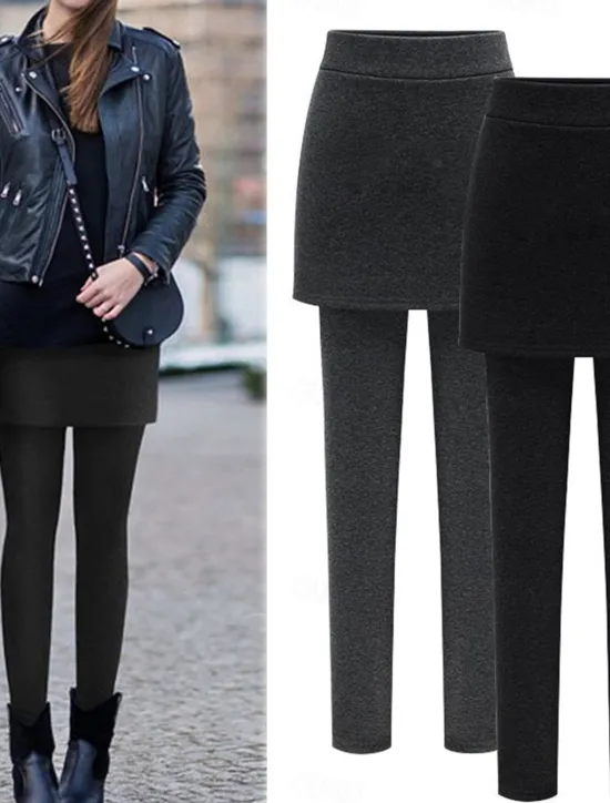 Best Women's Leggings Fashion Streetwear Full Length High Waist Plain 2 in 1 High Cut Thermal Warm Soft Comfortable Micro-elastic Outdoor Street Daily Light Gray Dark-Gray Black Fall Winter Regular Fit Women Leggings