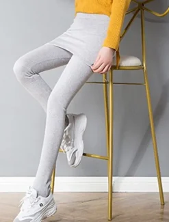 Best Women's Leggings Fashion Streetwear Full Length High Waist Plain 2 in 1 High Cut Thermal Warm Soft Comfortable Micro-elastic Outdoor Street Daily Light Gray Dark-Gray Black Fall Winter Regular Fit Women Leggings