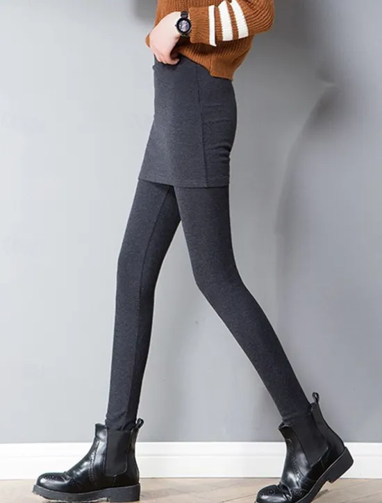 Best Women's Leggings Fashion Streetwear Full Length High Waist Plain 2 in 1 High Cut Thermal Warm Soft Comfortable Micro-elastic Outdoor Street Daily Light Gray Dark-Gray Black Fall Winter Regular Fit Women Leggings