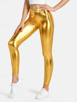 Online Women's Leggings Fashion Sexy Full Length Mid Waist Plain Elastic Waist Shiny Metallic Breathability Soft Comfortable Micro-elastic Party Street Going out Silver Pink Gold Fall Winter Regular Fit Women Leggings