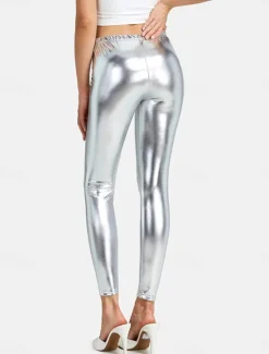 Online Women's Leggings Fashion Sexy Full Length Mid Waist Plain Elastic Waist Shiny Metallic Breathability Soft Comfortable Micro-elastic Party Street Going out Silver Pink Gold Fall Winter Regular Fit Women Leggings