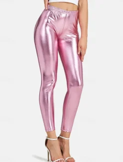 Online Women's Leggings Fashion Sexy Full Length Mid Waist Plain Elastic Waist Shiny Metallic Breathability Soft Comfortable Micro-elastic Party Street Going out Silver Pink Gold Fall Winter Regular Fit Women Leggings