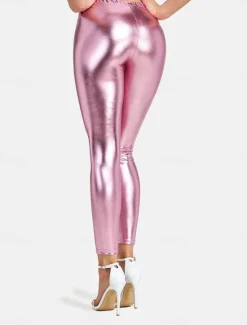 Online Women's Leggings Fashion Sexy Full Length Mid Waist Plain Elastic Waist Shiny Metallic Breathability Soft Comfortable Micro-elastic Party Street Going out Silver Pink Gold Fall Winter Regular Fit Women Leggings
