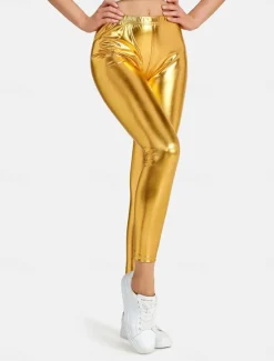 Online Women's Leggings Fashion Sexy Full Length Mid Waist Plain Elastic Waist Shiny Metallic Breathability Soft Comfortable Micro-elastic Party Street Going out Silver Pink Gold Fall Winter Regular Fit Women Leggings