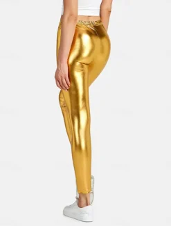 Online Women's Leggings Fashion Sexy Full Length Mid Waist Plain Elastic Waist Shiny Metallic Breathability Soft Comfortable Micro-elastic Party Street Going out Silver Pink Gold Fall Winter Regular Fit Women Leggings
