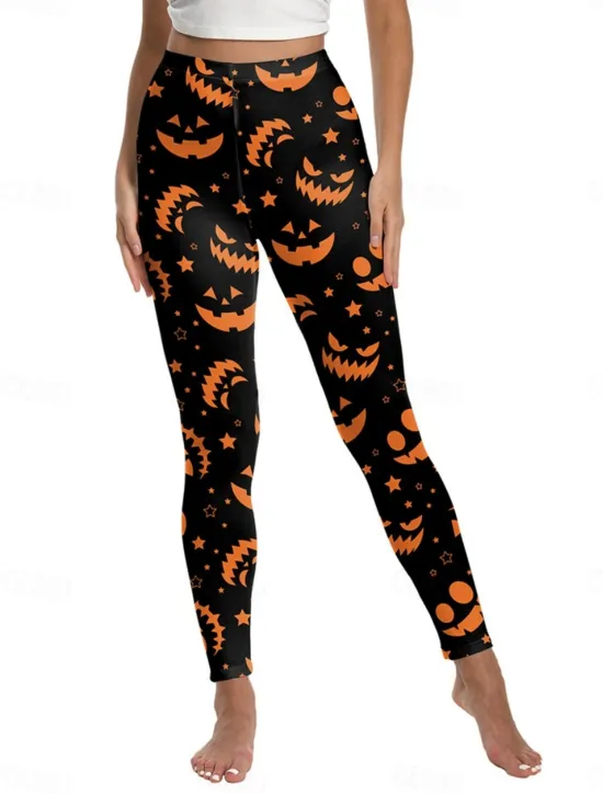 New Women's Leggings Punk Streetwear Full Length High WaistPantsHalloween Pumpkin Print Breathability Soft Comfortable High Elasticity Vacation Party Black White Yellow Orange Fall Winter Regular Fit Women Leggings|Pants
