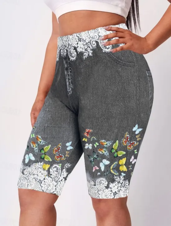 Sale Women's Leggings Shorts 3D Print Chinos Vacation Casual Tights Short High Waist Floral High Cut Comfort Breathable Quick Dry Stretchy Outdoor Street Daily Wine Black Red Purple Summer Slim Fit Women Leggings|Shorts