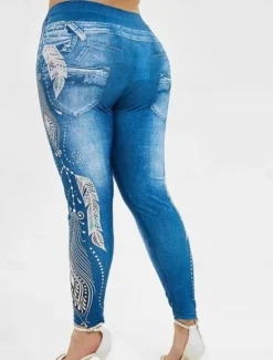 Women's Leggings Trousers 3D Print Vacation Vintage Fashion Full Length High Waist Graphic Soft Comfortable Micro-elastic Outdoor Street Black Wine Dark Blue Light Blue Summer Spring Slim Fit Women Leggings