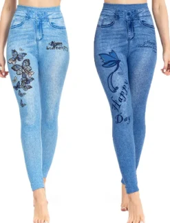 Clearance Women's Leggings Trousers 3D Print Chinos Vacation Streetwear Casual Full Length High Waist Butterfly Flower Printing Comfy Soft Comfortable Stretchy Outdoor Street Blue Dark Blue Summer Skinny Women Leggings